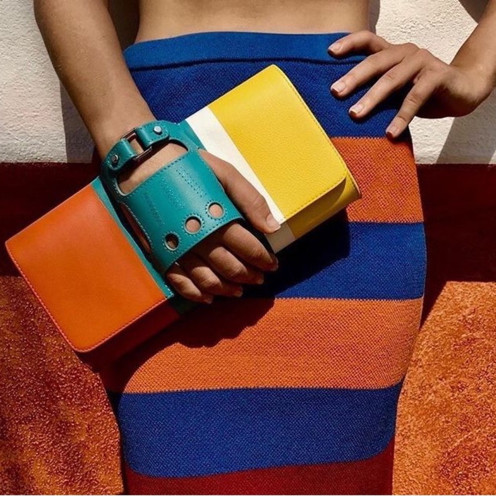 Perrin Colorblock Leather Wristlet Clutch in Yellow, Orange and Teal